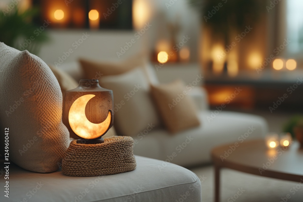 Ramadan living room interior with glowing crescent moon lamp, soft illumination, plush cushions, embodying serene festive ambiance and cultural warmth