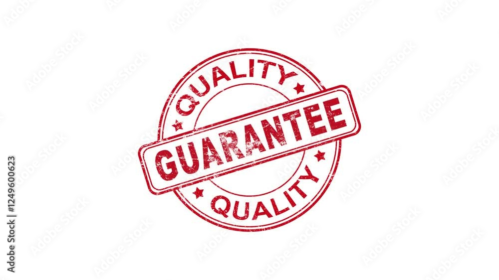 Red rubber guaranteed stamp animated on a clean white background. 4K. Red rubber guaranteed stamp animated on a clean white background. 4K.