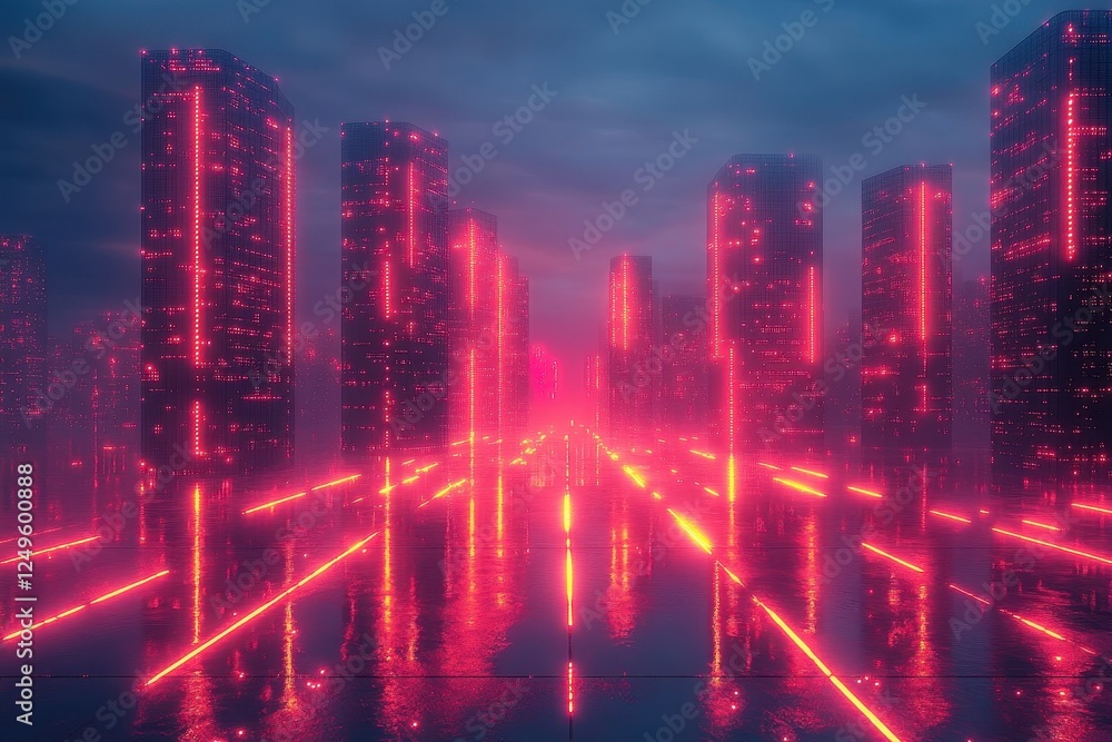 Futuristic cityscape with glowing neon lights and reflective surfaces. Futuristic cityscape with glowing neon lights and reflective surfaces.