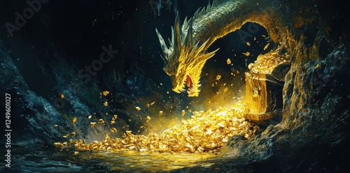 Wallpaper Mural Golden dragon hoards treasure in a dark treasure filled cave Torontodigital.ca