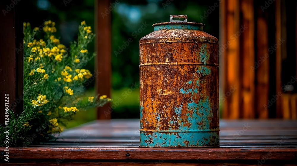 Fototapeta premium Vintage rusted metal milk can beside vibrant yellow flowers on a wooden deck in a serene garden