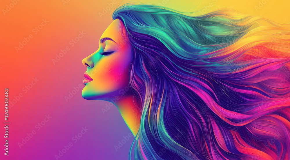 vibrant portrait of woman with flowing hair in colorful hues, expressing serenity and beauty vibrant portrait of woman with flowing hair in colorful hues, expressing serenity and beauty