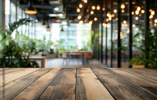Wallpaper Mural Empty wooden table in modern cafe, blurred background Torontodigital.ca