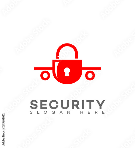 Abstract security logo featuring a red padlock combined with an airplane shape. Ideal for aviation safety, travel insurance, or transport protection brands.