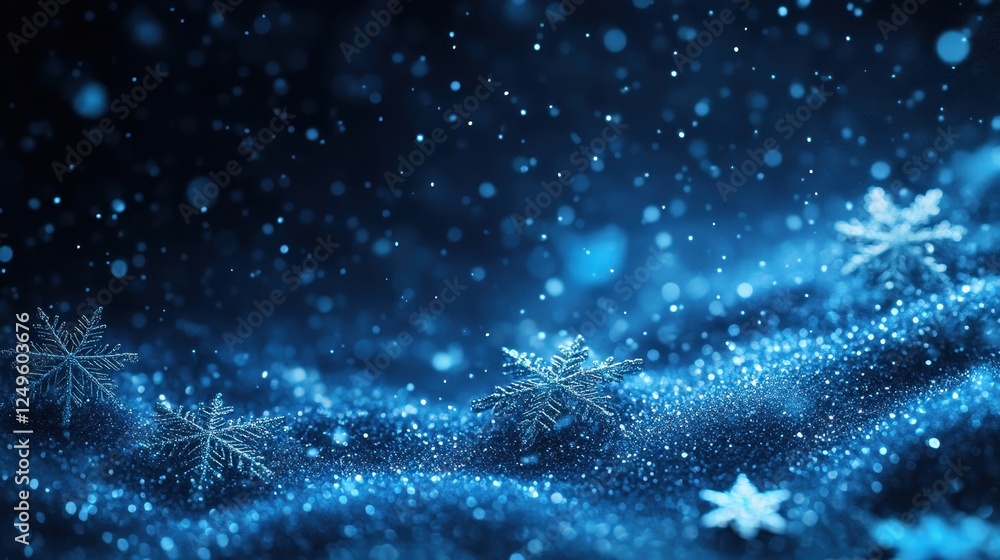 A serene winter scene with snowflakes and shimmering blue background. A serene winter scene with snowflakes and shimmering blue background.