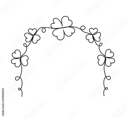 One continuous line drawing of shamrock border. Hand drawn  saint patrick day good luck floral symbol - four-leaved clover. Editable stroke. Vector.