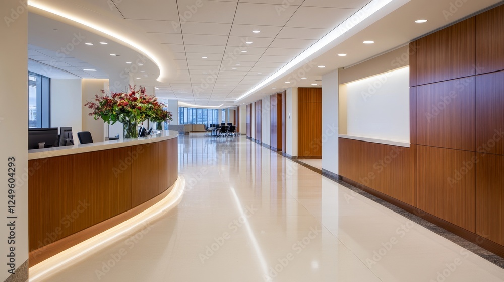 Modern office reception area with elegant floral arrangement, bright lighting, and spacious design Modern office reception area with elegant floral arrangement, bright lighting, and spacious design
