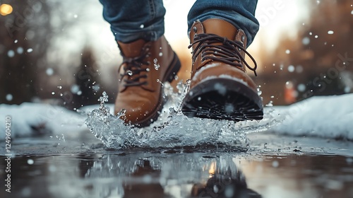 Walking Through a Puddle in Brown Boots