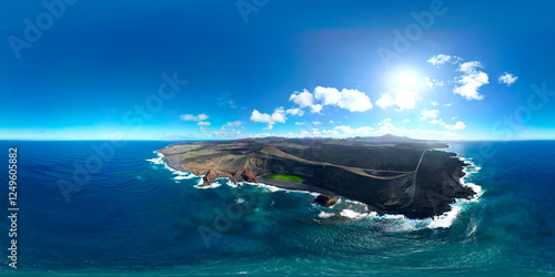 360 drone photo - Green lake Lanzarote ocean and vulcanic landscape  photo