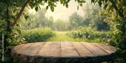 Wood Podium in farm display for products on nature background, brlured, bokeh