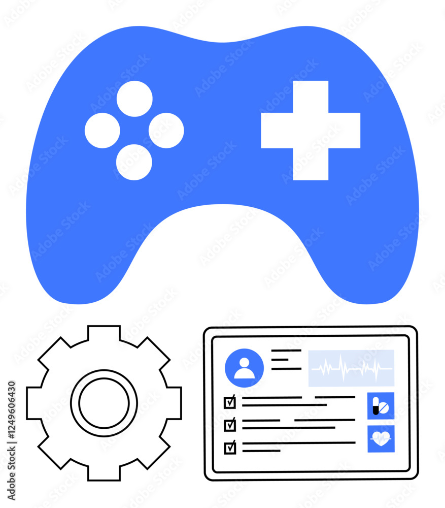 Fototapeta premium Gaming controller, gear, and electronic dashboard with user data. Ideal for gaming, technology, progress tracking, health monitoring, education apps entertainment. Abstract line flat metaphor