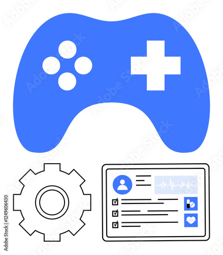 Gaming controller, gear, and electronic dashboard with user data. Ideal for gaming, technology, progress tracking, health monitoring, education apps entertainment. Abstract line flat metaphor