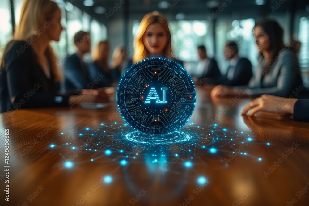 Holographic cryptocurrency spinning near businesspeople, discussing digital transformation and ai innovation during high tech meeting surrounding sleek conference table