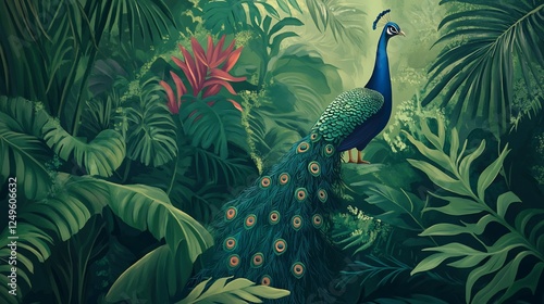 Majestic peacock in lush tropical jungle foliage