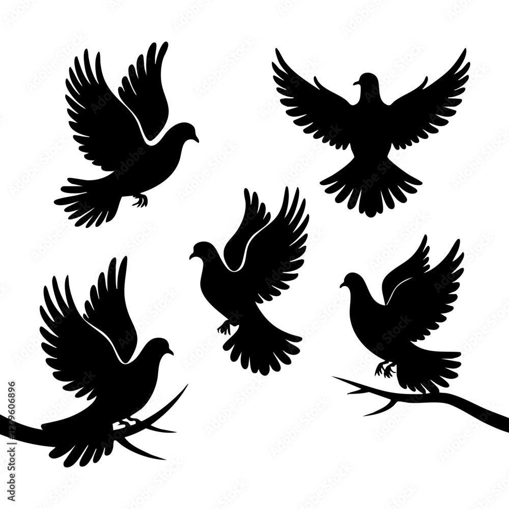 Obraz premium Dove Silhouette Collection – Graceful Birds in Flight and Perched