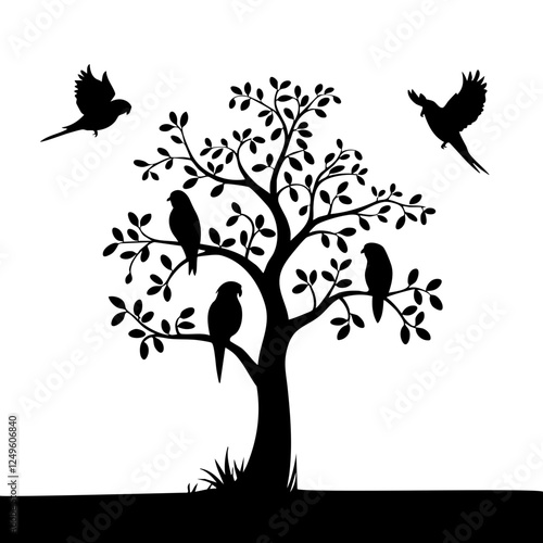 Parrot Tree Silhouette – Birds Perched and Flying Around a Tree