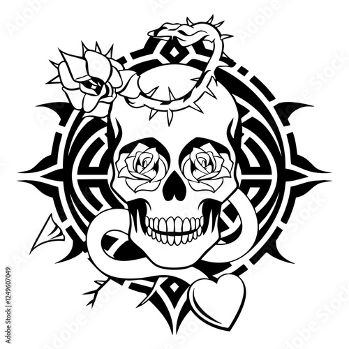 Gothic Skull Tattoo Design – Roses, Thorns, Snake, and Tribal Art