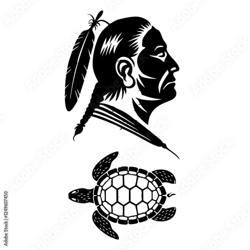 Silhouette of Native American and turtle