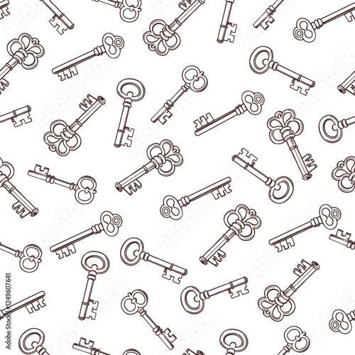 Seamless pattern with vintage keys. Retro background, black and white monochrome illustration.