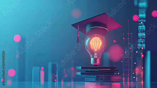 Light bulb and bachelor cap on blue background showcasing futuristic smart education