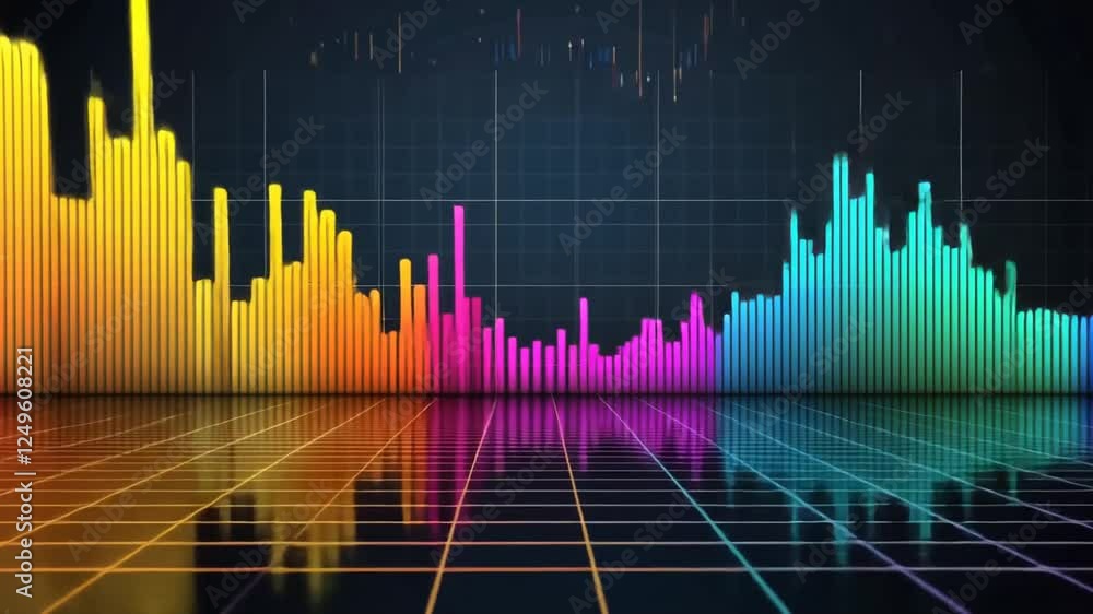 Abstract Data Visualization with Colorful Vertical Bars on a Reflective ...