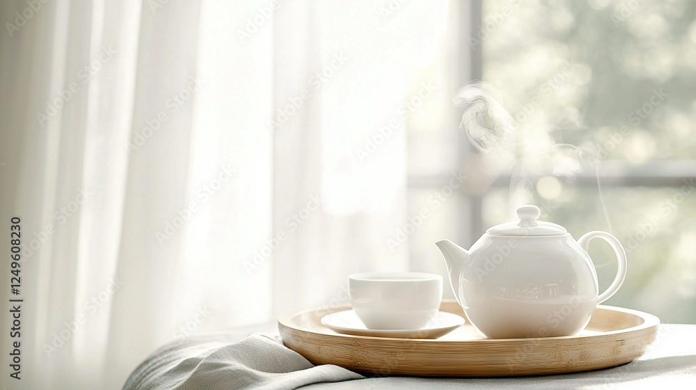 A tea set sits atop a wooden tray, perched on a window sill alongside the window A tea set sits atop a wooden tray, perched on a window sill alongside the window