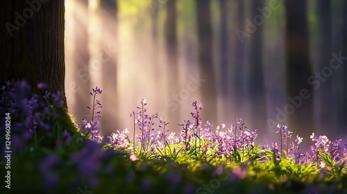   A vast forest adorned with numerous purple blooms surrounds the area