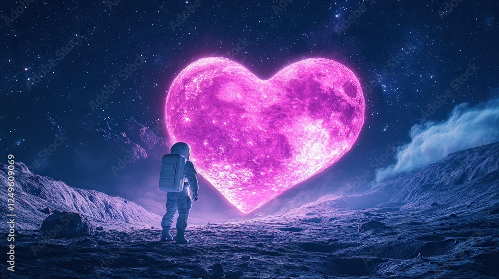 Obraz premium dreamy cosmic landscape with a heart-shaped moon and starry sky