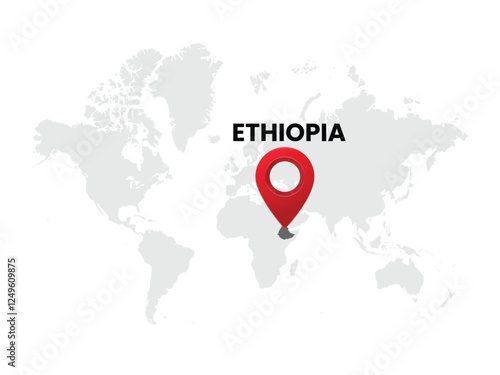 World map with country  Ethiopia on White Background. Ethiopia Highlighted with Location Symbol. Vector Illustration of Map and Pin Location of Ethiopia Country.