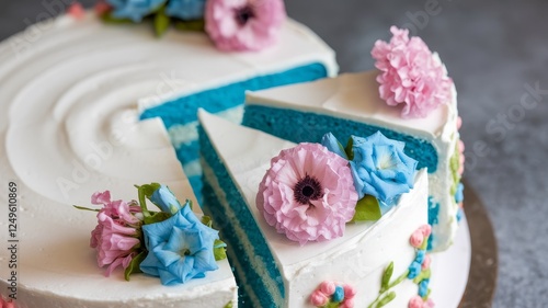 Blue cake with floral decoration. A cake for a gender-specific party for a boy.An elegant cake with a blue sponge cake inside, open white cream and decorative flowers made of mastic and cream
