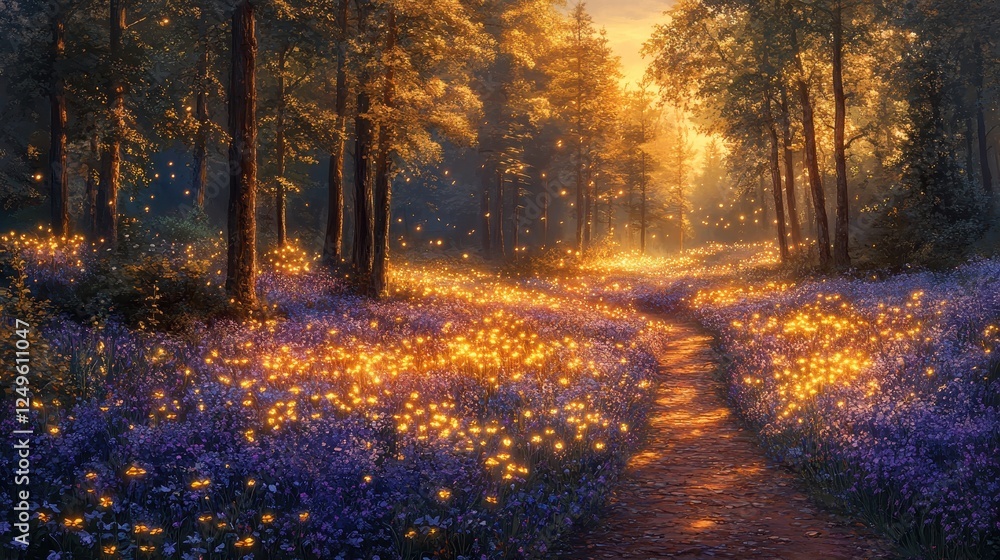 Fototapeta premium Sunlit path through magical forest; glowing flowers, sunrise background; nature fantasy
