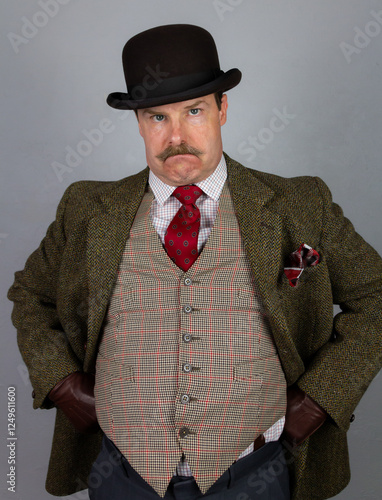 Fotografia Englishman in Tweed Suit and Bowler Hat With Hands on Hips in Grumpy Manner