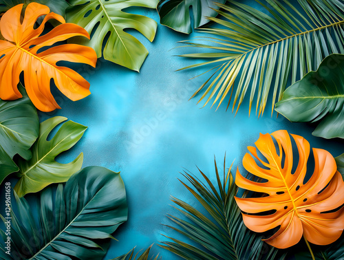 Green and orange tropical leaves create a striking contrast against a bright blue background, showcasing a lively and fresh aesthetic perfect for summer themes photo