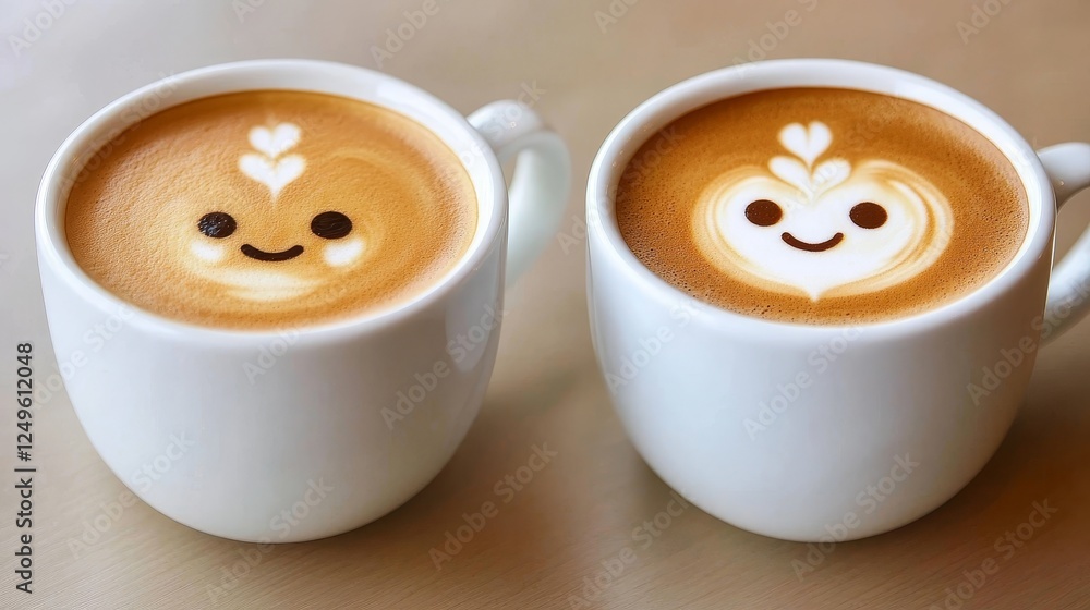 Two cups of latte art featuring smiling faces, placed on a wooden table with a cozy cafe ambiance Two cups of latte art featuring smiling faces, placed on a wooden table with a cozy cafe ambiance