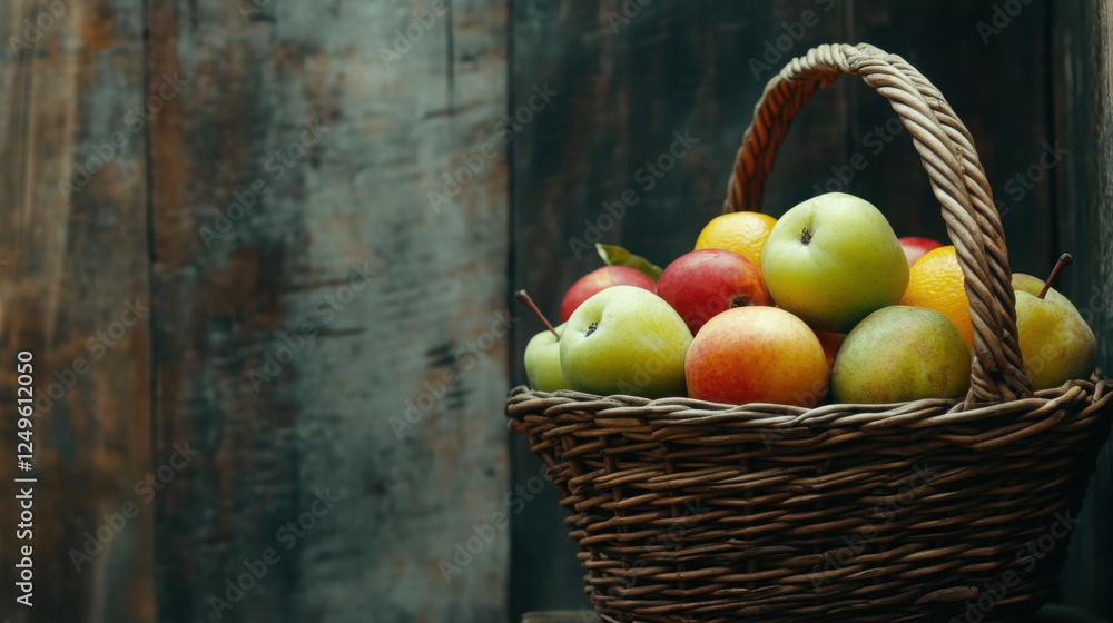 Rustic basket of fresh apples and pears against wooden background Rustic basket of fresh apples and pears against wooden background