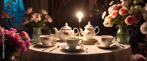 Whimsical image of a tea party set up amidst blooming flowers Each Item bringing Joy and Warmth to the Delight of Special Moments