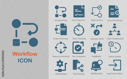 minimalist workflow icon set designed for streamlined project management. Featuring process flows, task assignment, project planning, automation, feedback, and more