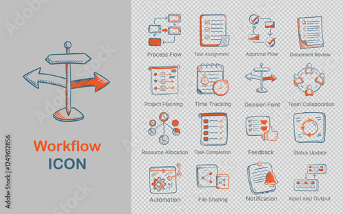 colorful line art workflow icon set with designs for process flow, task completion, time tracking, resource allocation, and more. Perfect for business, project management, task organization