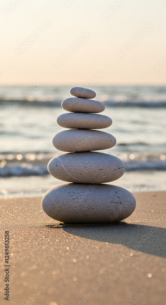 Fototapeta premium Stone Balance on Beach: Zen Stack by the Sea, Peaceful Coastal Art
