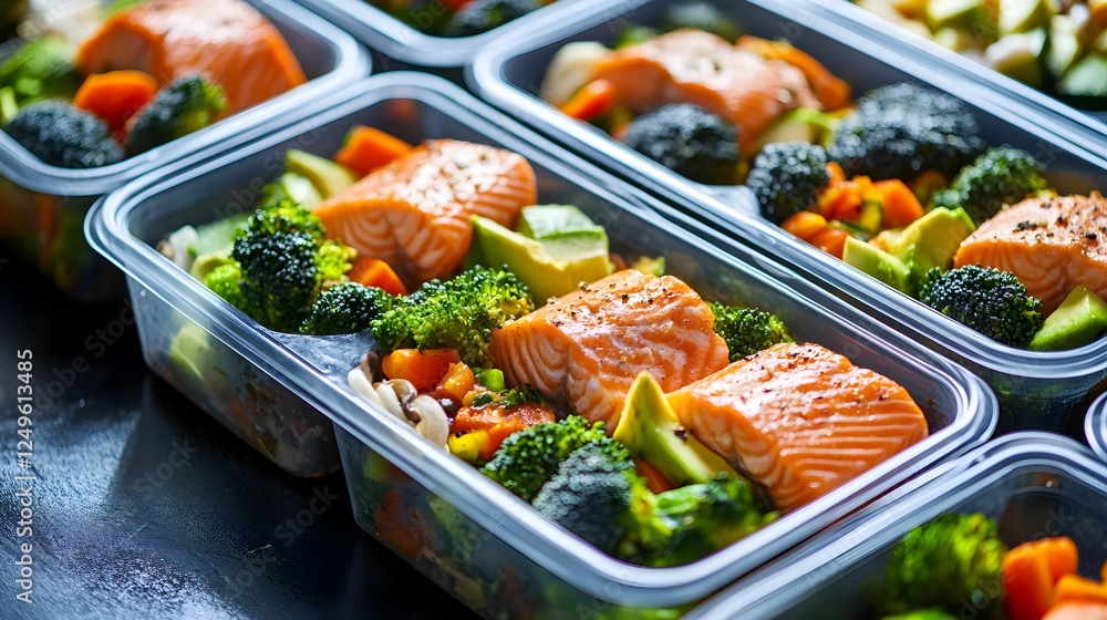 Healthy meal prep with salmon and vegetables in meal containers ready for the week Healthy meal prep with salmon and vegetables in meal containers ready for the week