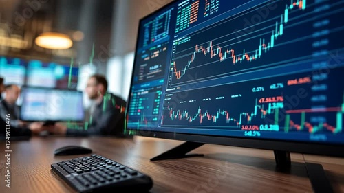 Wallpaper Mural Stock market data displayed on computer monitor with people working in the office Torontodigital.ca