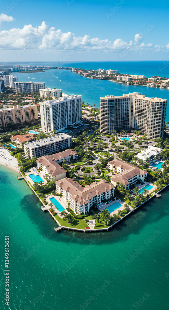 Coastal Luxury: Aerial View of Upscale Condos & Turquoise Waters - A Paradise Getaway with Stunning Oceanfront Real Estate Coastal Luxury: Aerial View of Upscale Condos & Turquoise Waters - A Paradise Getaway with Stunning Oceanfront Real Estate