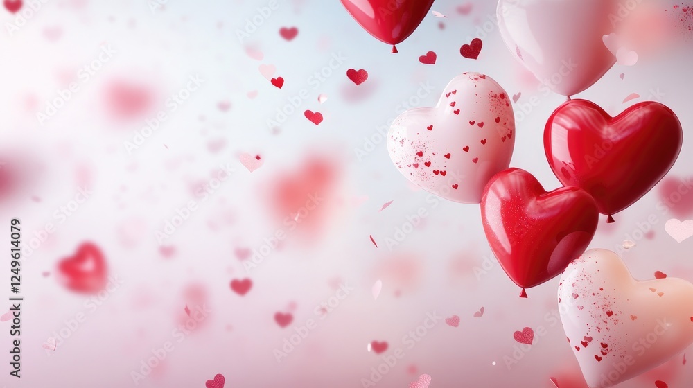 Romantic Valentine's Day design featuring red and white heart-shaped balloons with scattered heart confetti on a soft pastel background. Perfect for holiday marketing, love-themed designs, cards Romantic Valentine's Day design featuring red and white heart-shaped balloons with scattered heart confetti on a soft pastel background. Perfect for holiday marketing, love-themed designs, cards