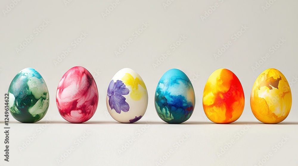 A row of painted eggs sits together on a white surface, with one egg in the center A row of painted eggs sits together on a white surface, with one egg in the center