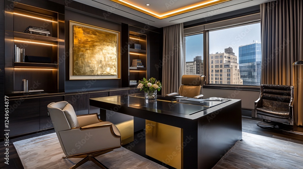 Luxurious Modern Office with City View and Gold Accents Luxurious Modern Office with City View and Gold Accents