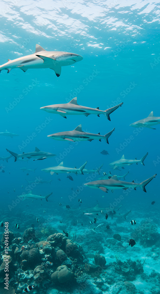 Shark Frenzy: Dive into a School of Sharks Beneath Crystal-Clear Waters with Coral Reefs and Marine Life! Shark Frenzy: Dive into a School of Sharks Beneath Crystal-Clear Waters with Coral Reefs and Marine Life!