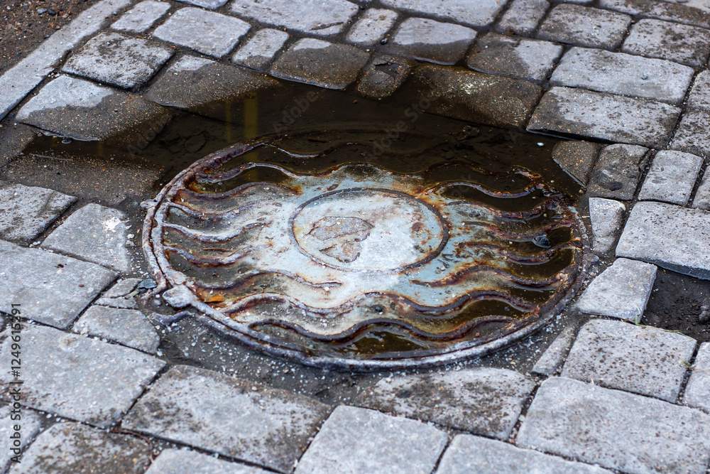 A manhole cover sits on a brick sidewalk by a puddle A manhole cover sits on a brick sidewalk by a puddle