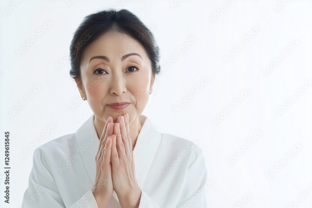 Worried-looking elderly Asian woman on white background. AI-generated image. Worried-looking elderly Asian woman on white background. AI-generated image.