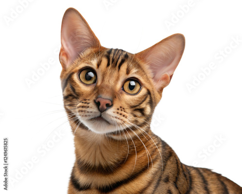 Close-up of Toyger Cat Looking Curiously ay camera. Portrait of toyger cat, isolated on white background photo