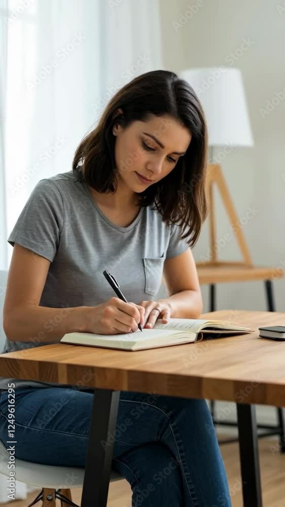Hispanic young woman concentrated writing journal at home Hispanic young woman concentrated writing journal at home
